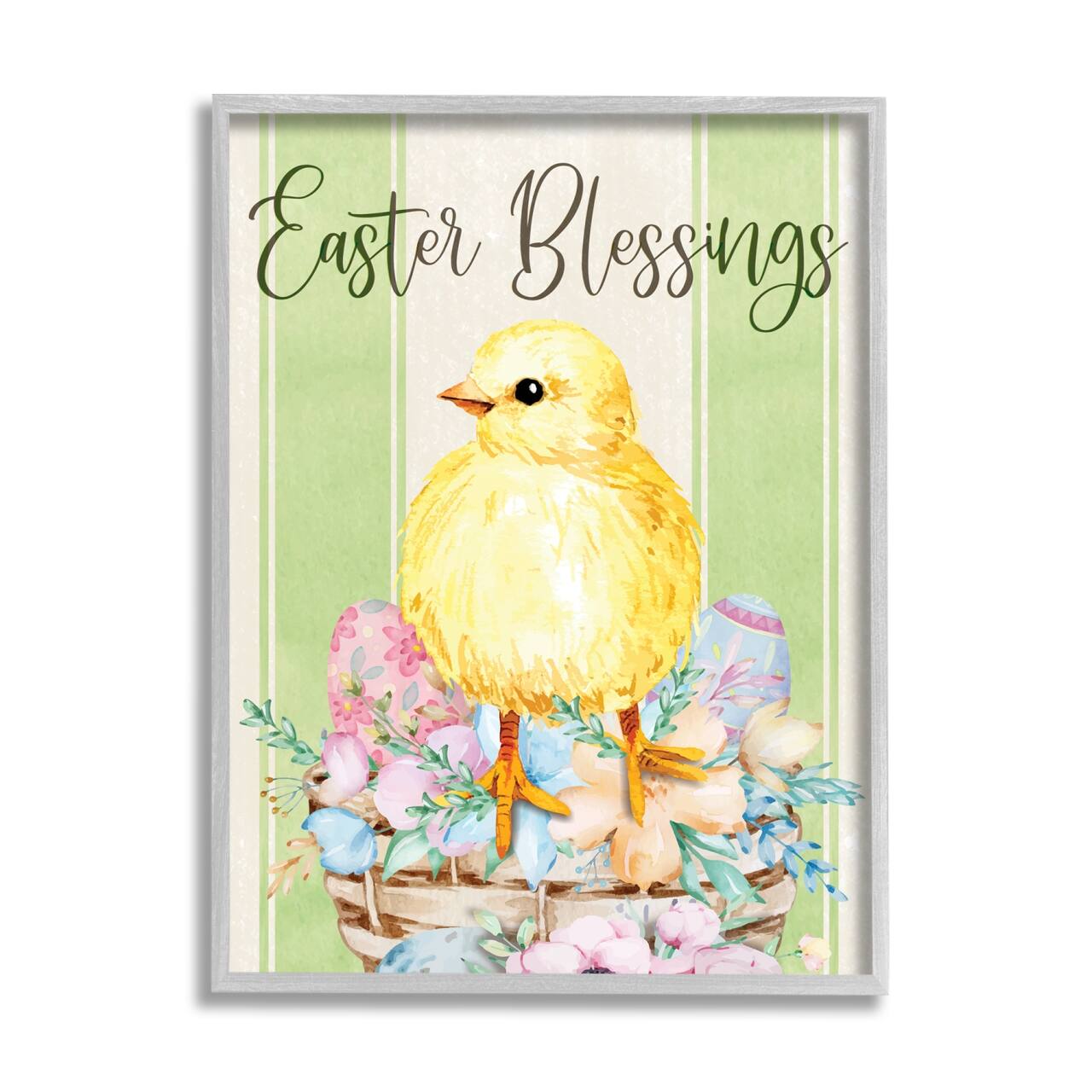 Stupell Industries Easter Blessings Text Striped Yellow Chick Egg Basket Framed Giclee Art